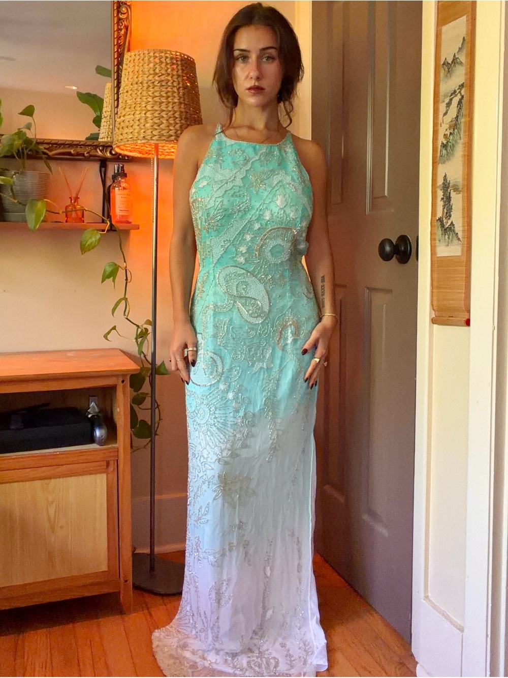 Mia Bella halter low open back special occasion prom event beaded ombré gown